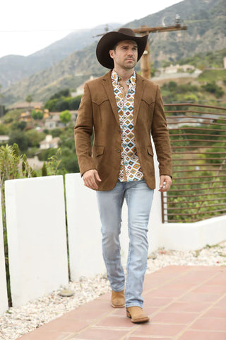 Platini Men's Double Button Faux Suede Blazer- Brown