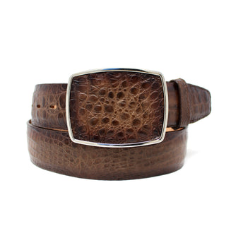 Genuine caiman belly leather belt with polished silver rectangular buckle – exotic brown Western accessory