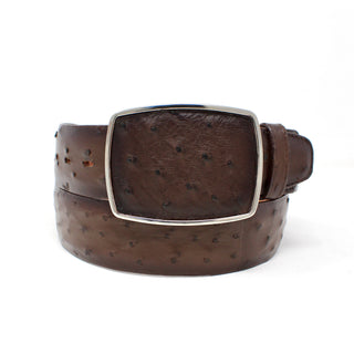 Genuine ostrich leather belt in Faded brown with signature quill texture and polished silver rectangular buckle – luxury Western belt