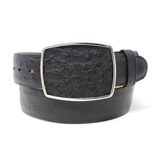 Genuine smooth black ostrich leather belt with polished silver rectangular buckle – premium Western accessory