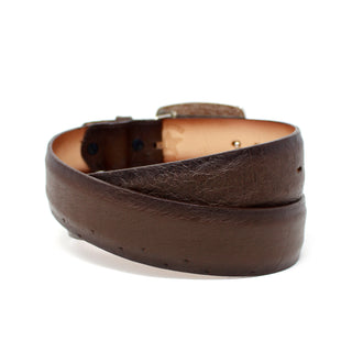 Genuine smooth faded brown ostrich leather belt with polished silver rectangular buckle – premium Western accessory