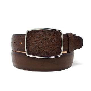 Genuine smooth faded brown ostrich leather belt with polished silver rectangular buckle – premium Western accessory