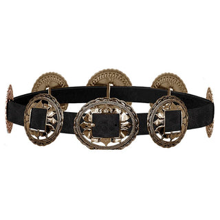 Western concho belt with black vegan leather strap and antique engraved buckle