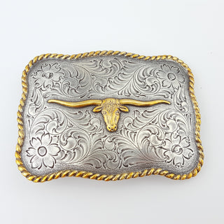 Silver & Gold Longhorn Rectangle Buckle