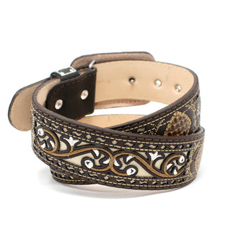 Laser Cut Belt Embroidered Belt w/ Square Buckle - Café