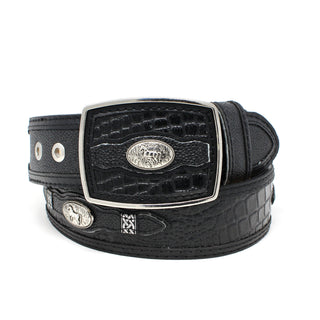 Men’s Black Genuine Leather Western Belt – Crocodile Print with Horse Conchos