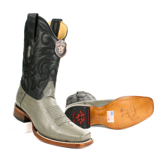 Pair of Men's Los Altos Gray smooth ostrich belly cowboy boots with square toe and stitched Western shaft