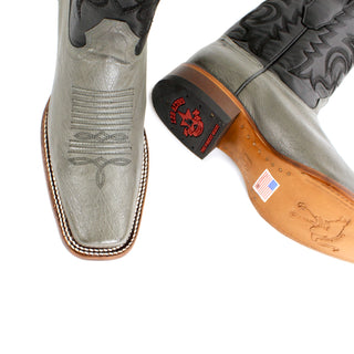 Pair of Men's Los Altos Gray smooth ostrich belly cowboy boots with square toe and stitched Western shaft
