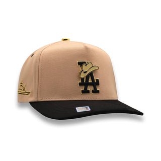 Beige and black LA Sombrero Hat Snapback with gold-embroidered LA logo and cowboy hat design – Bigg Boss