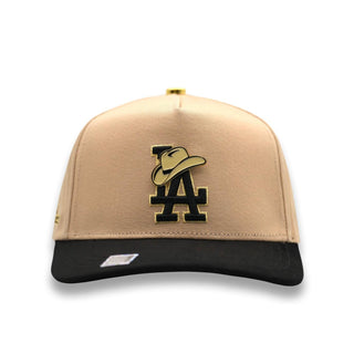 Beige and black LA Cowboy Hat Snapback with gold-embroidered LA logo and cowboy hat design – Bigg Boss