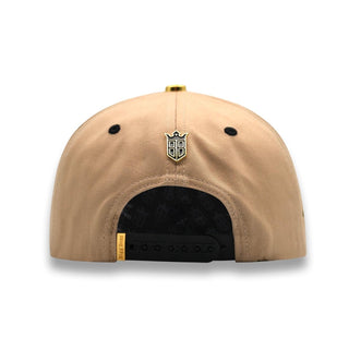Back view of beige and black Bigg Boss LA Cowboy Hat Snapback with gold crown logo and adjustable closure.