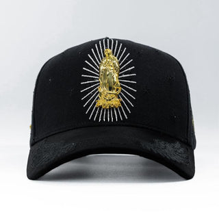 Black La Guadalupana Snapback with gold Our Lady of Guadalupe embroidery and radiant silver stitching.
