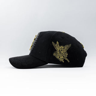Black La Guadalupana Snapback with Saint Michael embroidery and radiant design details.