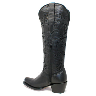 Left back side view of Artillero women’s black cowboy boot with 16 inch shaft, embroidery, snip toe, and 2.5 inch heel
