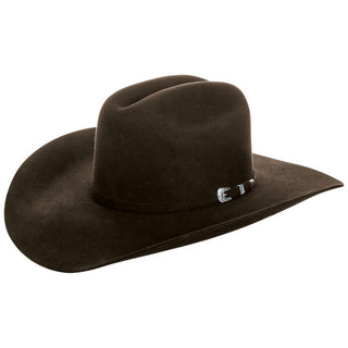 Brown cowboy hat with a decorative band on a white background