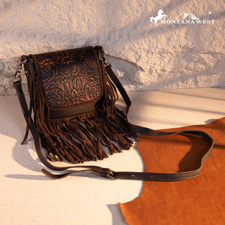 Montana West Genuine Leather Tooled Fringe Crossbody- Coffee
