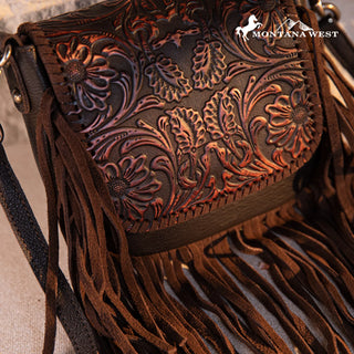 Montana West Genuine Leather Tooled Fringe Crossbody- Coffee