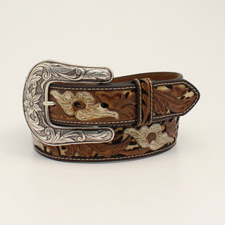 Nocona Women's white flower leather tooled belt