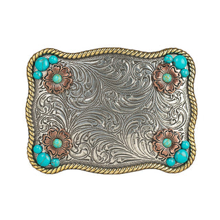 Nocona Ladies Rectangle Buckle w/ flower accents & Turquoise Stones