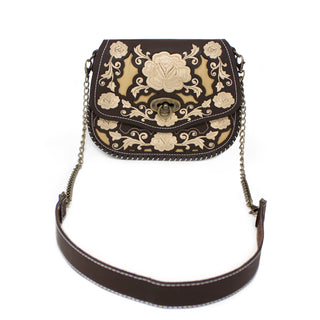 Floral Stitched Cross Body Bag - Brown