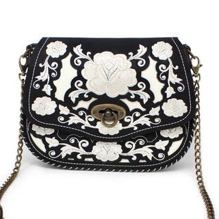 Floral Stitched Cross Body Bag - Black