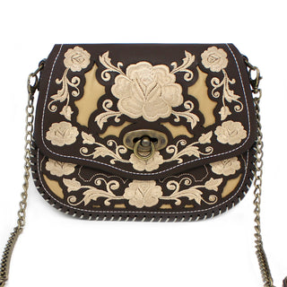 Floral Stitched Cross Body Bag - Brown