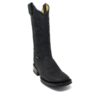 Black cowboy boot with intricate designs on a white background