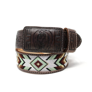 Laser Cut with Aztec Beaded Belt w/ Horse Buckle- Café