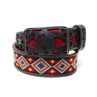 Laser Cut with Aztec Beaded Belt w/ Horse Buckle- Black