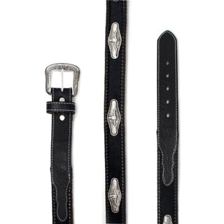 Men’s Western Black Leather Belt with Tooled Design & Longhorn Concho