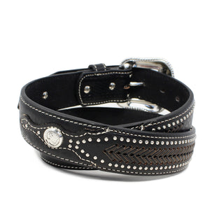 Men’s Black Ostrich Print Tooled Leather Western Belt with Silver Buckle