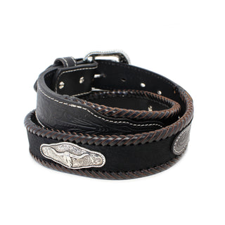 Men’s Western Black Leather Belt with Tooled Design & Longhorn Concho
