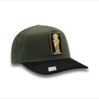 San Judas Green Snapback by Bigg Boss with gold Saint Jude emblem and black brim.