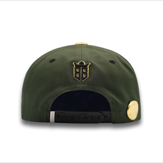 Back of San Judas Green Snapback with gold Bigg Boss crown logo and adjustable snap closure.