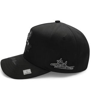 Side view of Mayito Bigg Boss snapback cap in black and grey with embroidered logo and curved bill