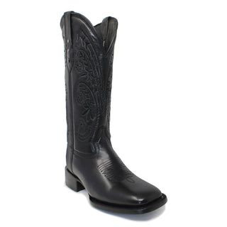 Single Artillero women’s cowboy boot – black leather, wide square toe, 12 inch shaft with stitched floral scroll pattern, 1.5 inch heel