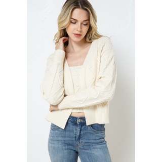 Two-Piece Ribbed Knit Lounge Set- Cream