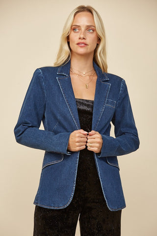 classic blue denim blazer styled in modern western chic fashion