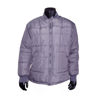 A grey men's puffer jacket with long sleeves, a front zipper, and side pockets displayed on a mannequin.
