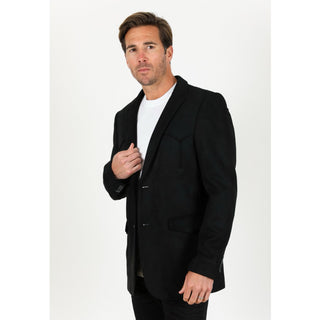 Platini Men's Double Button Faux Suede Blazer- Black