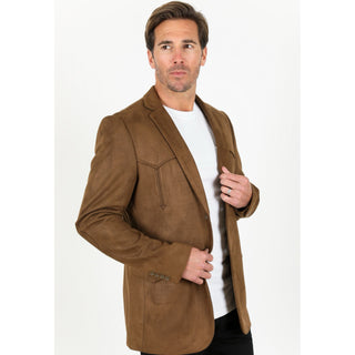 Platini Men's Double Button Faux Suede Blazer- Brown