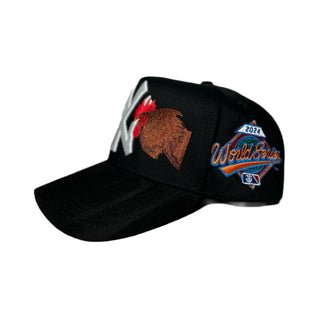 NY Double Rooster Black Embroidered Trucker Hat