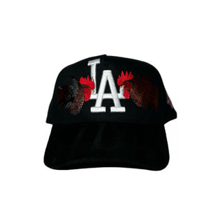 LA Double Rooster Black Embroidered Trucker Hat