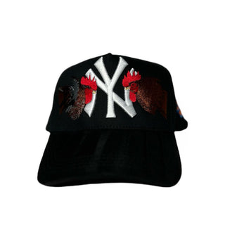 NY Double Rooster Black Embroidered Trucker Hat
