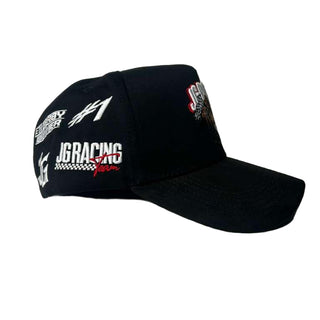 Black cap with racing logos on a white background