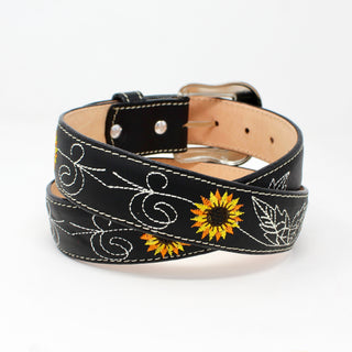 Leather Sunflower Belt w/ Silver Buckle - Black
