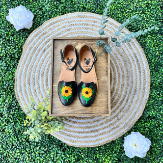 "Marisol" Women's Embroidered Sunflower Huarache - Black