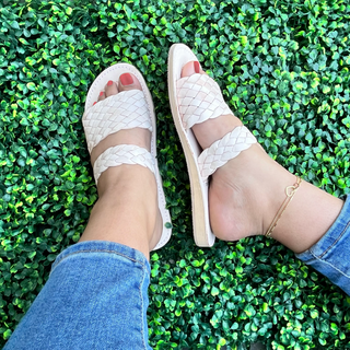 "Marina" Double Strap Leather Slides - Hueso