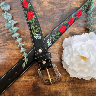 Leather Rose Belt w/ Silver Buckle - Black