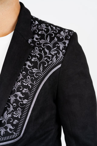 Platini Men's Black Embroidered Suede Blazer
